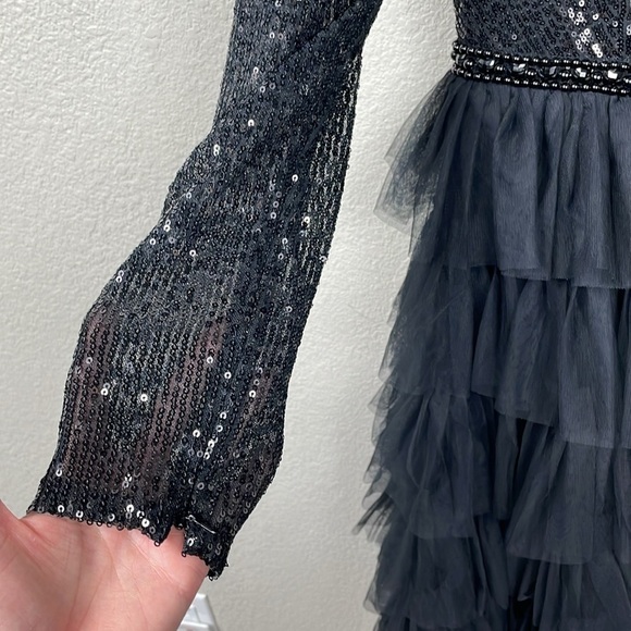 NWT Ieena Mac Duggal Black Long Sleeve Ruffle Tiered Midi Dress Sequin Sz 4 - Picture 5 of 16